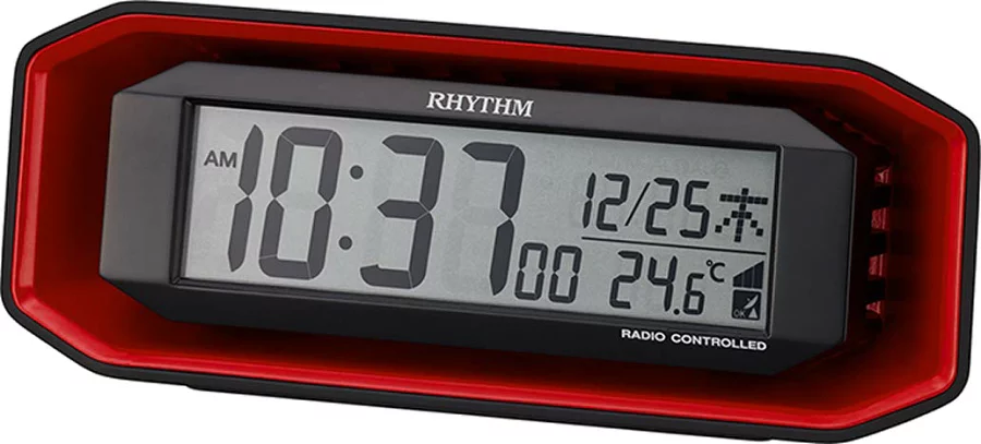 リズム(RHYTHM) 電波時計 目覚まし時計 大音量 電子音 アラーム デジタル レッド 7.2x18.3x6.4cm