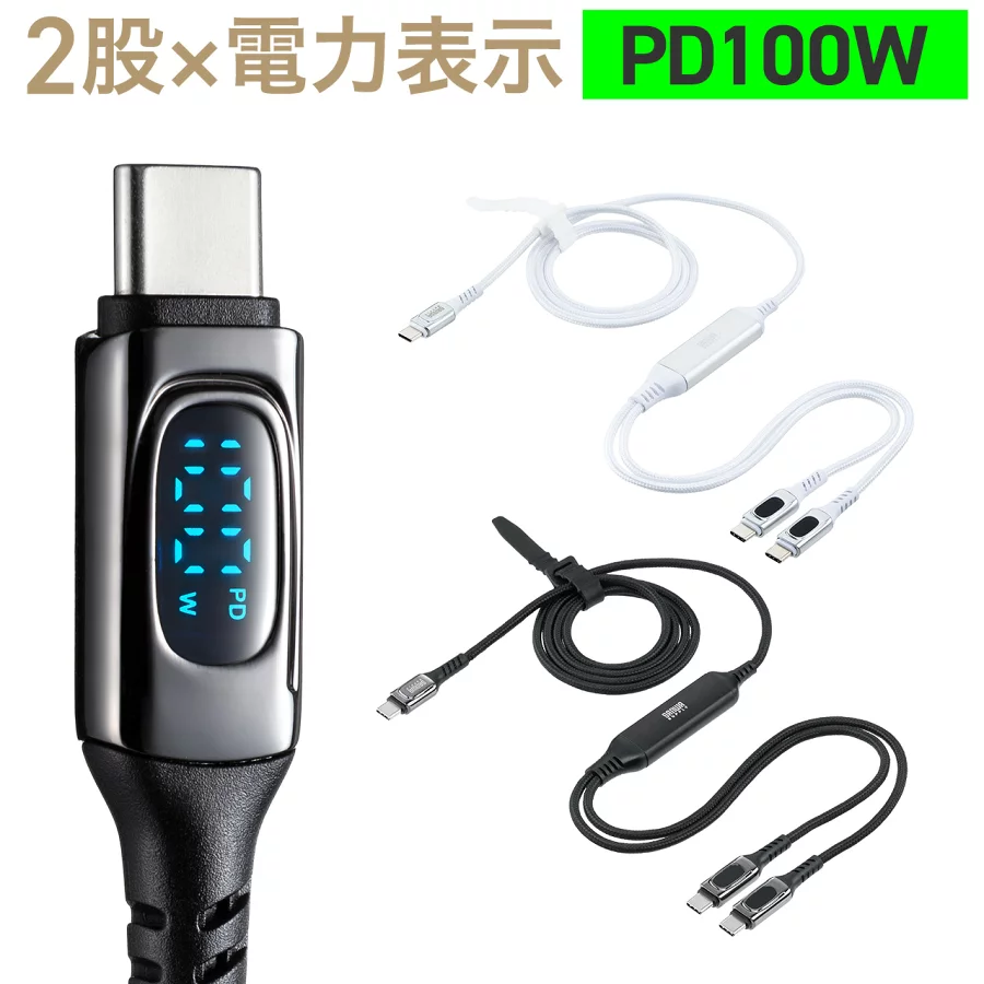 USB Type-C ケーブル 2-in-1 1.2m ワット表示 急速充電 PD100W 二股ケーブル 電力表示 USB-Cケーブル